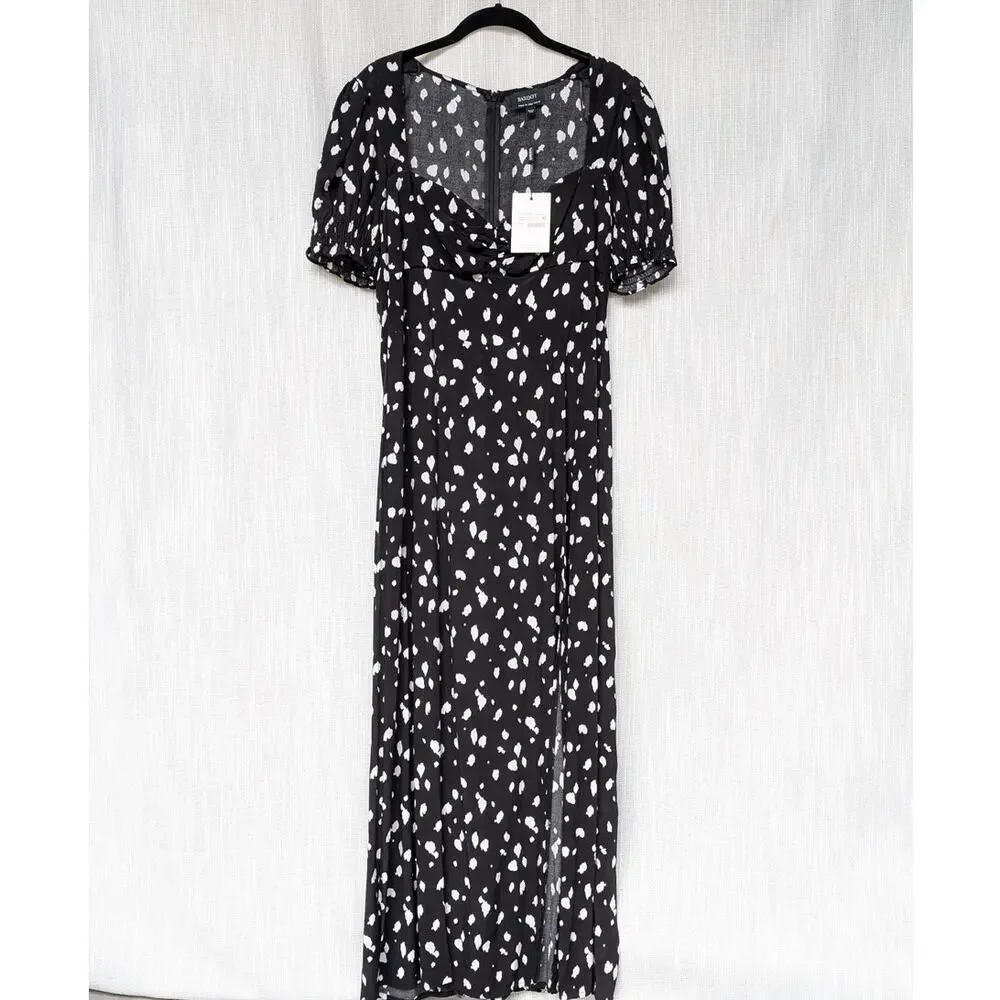 NWT Bardot Millie Black Abstract Spot Short Sleeve Midi Maxi Dress, size 6/S - Picture 2 of 10